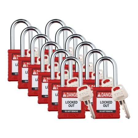 Brady Brady Safety Lockout Padlock, Keyed Different, 1-1/2in, Plastic/Steel, Red, 12/PK SDPL-RED-38ST-KD12